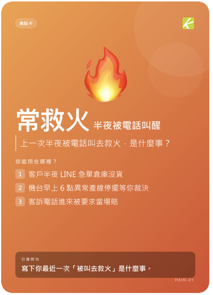 痛點卡示例 — 常救火