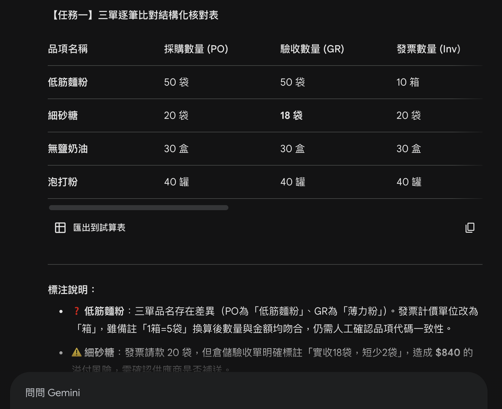 AI 核對結果