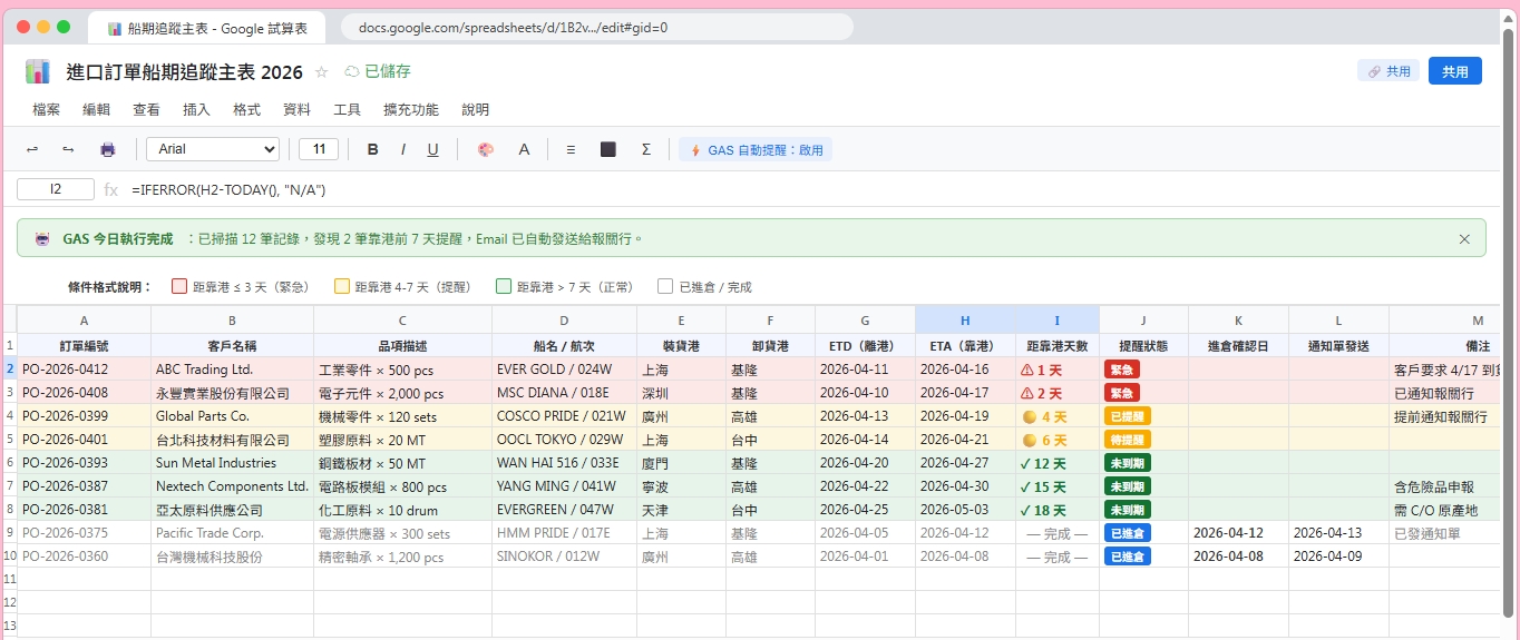 Sheets 船期追蹤表